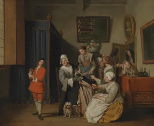 Bürgerliches Interieur mit zahlreichen Frauen und einem jungen Mann mit einem Vogel